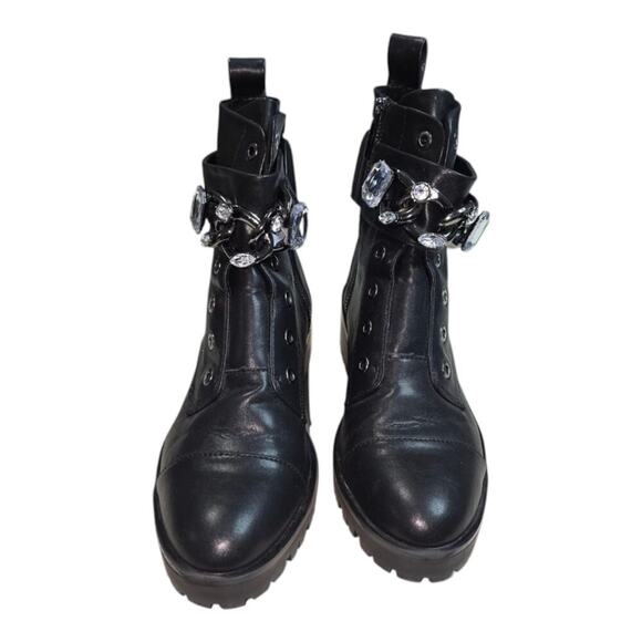 Karl Lagerfeld Paris Black Leather Lug Combat Boots with Jewel Buckle - Picture 1 of 9
